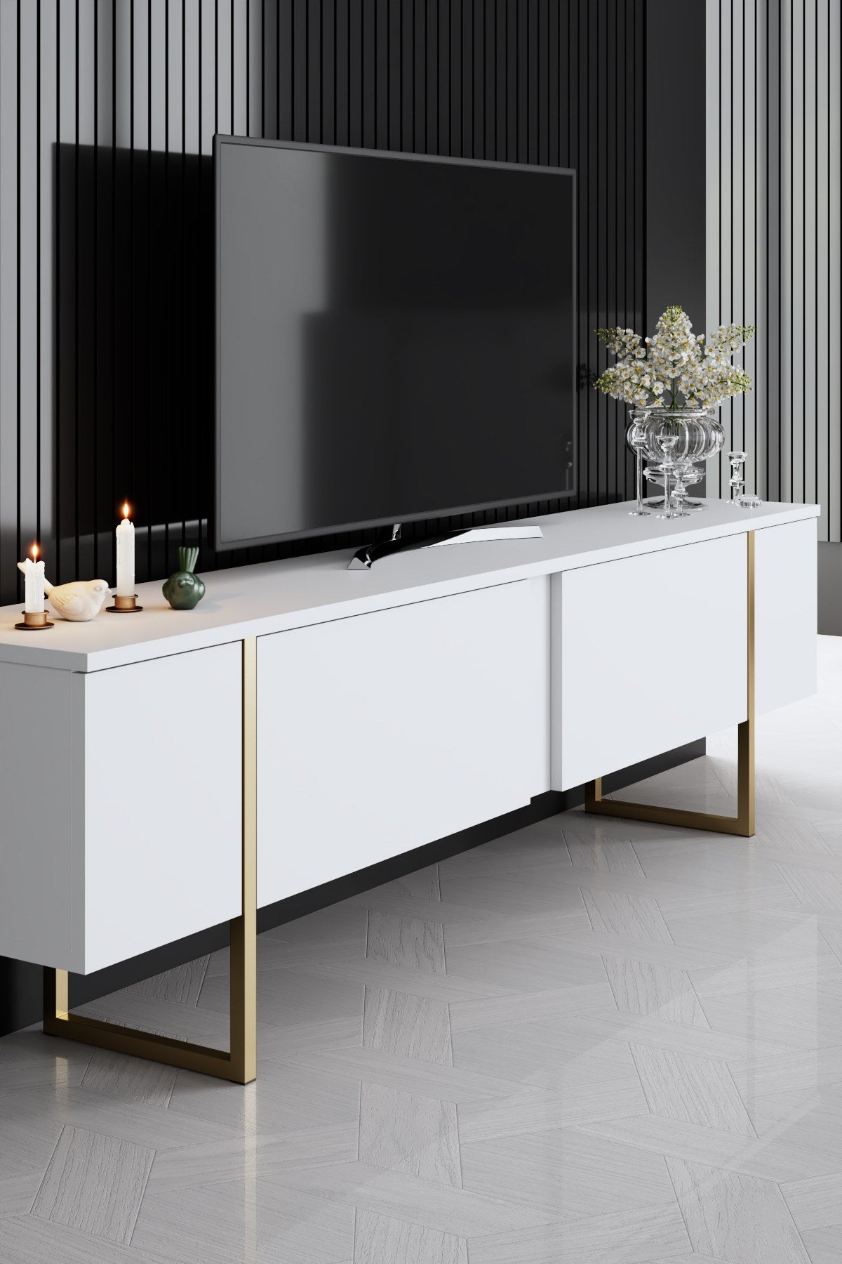 Meubelset Wit Luxe - Salontafel + TV Meubel + Dressoir - Gouden Frame