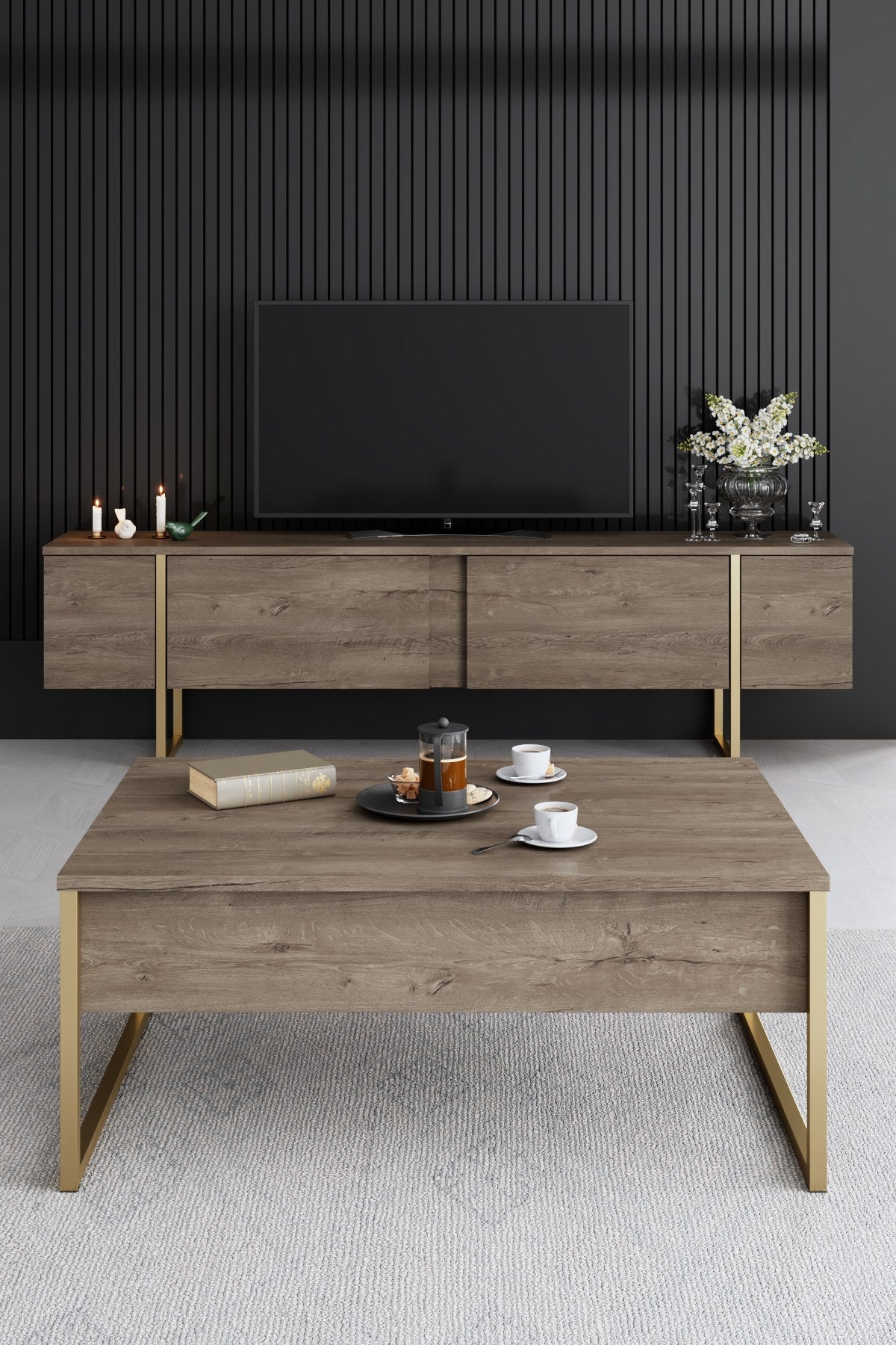Meubelset Walnoot Luxe - Salontafel + TV Meubel + Dressoir - Gouden Frame