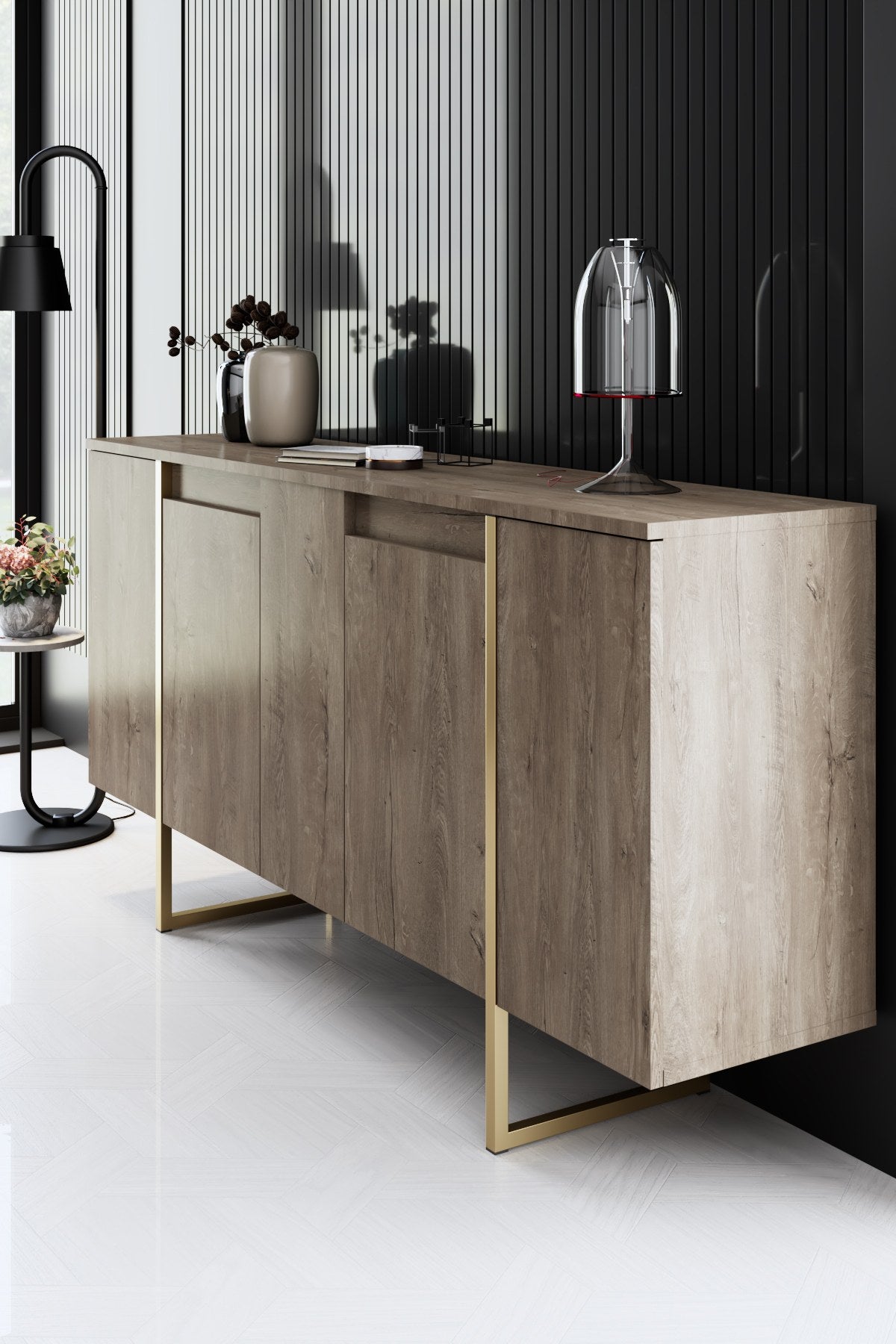 Meubelsets - Meubelset Walnoot Luxe - Salontafel + TV Meubel + Dressoir - Gouden Frame - Dimehouse