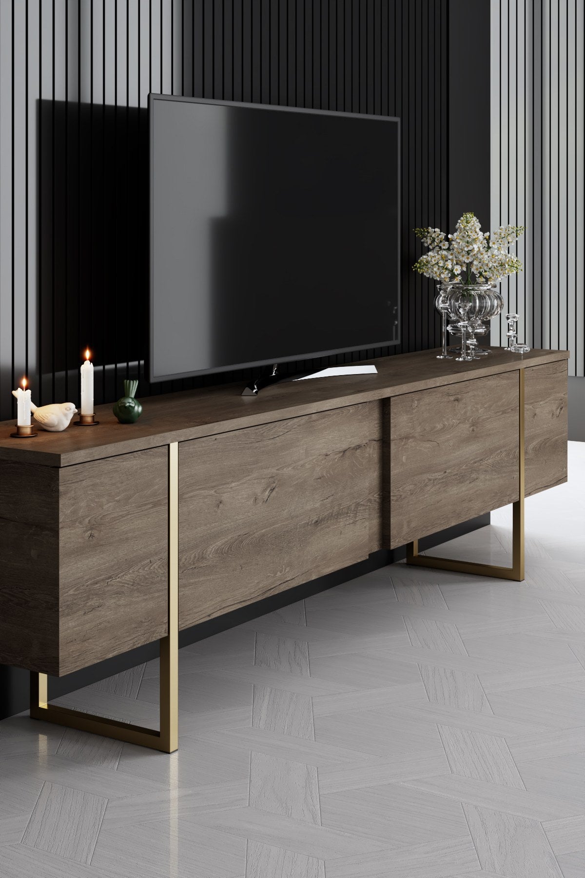 Meubelset Walnoot Luxe - Salontafel + TV Meubel + Dressoir - Gouden Frame