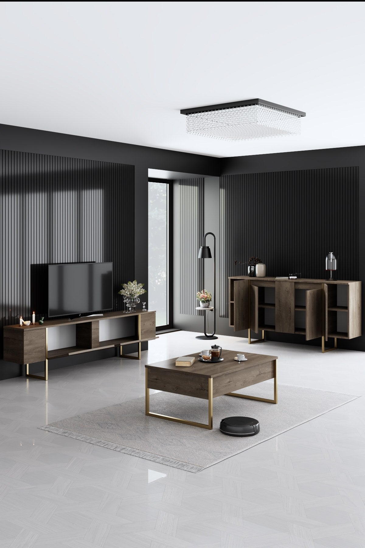 Meubelset Walnoot Luxe - Salontafel + TV Meubel + Dressoir - Gouden Frame