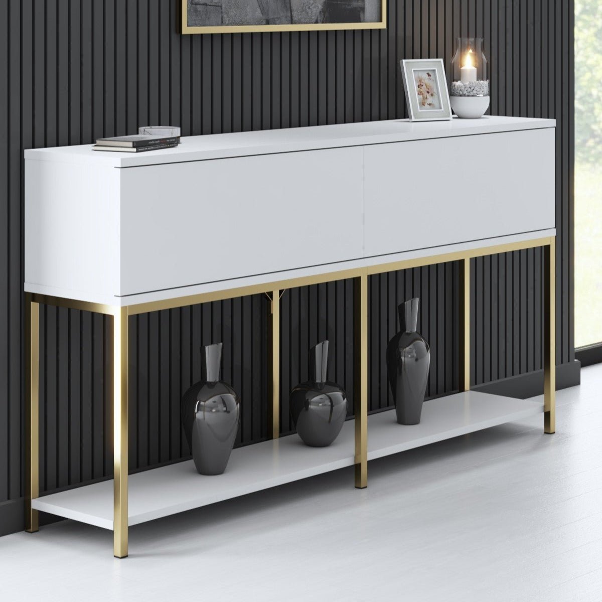 Modern Dressoir Wit Lord 150x30x80 - Gouden Frame - Twee Vakken