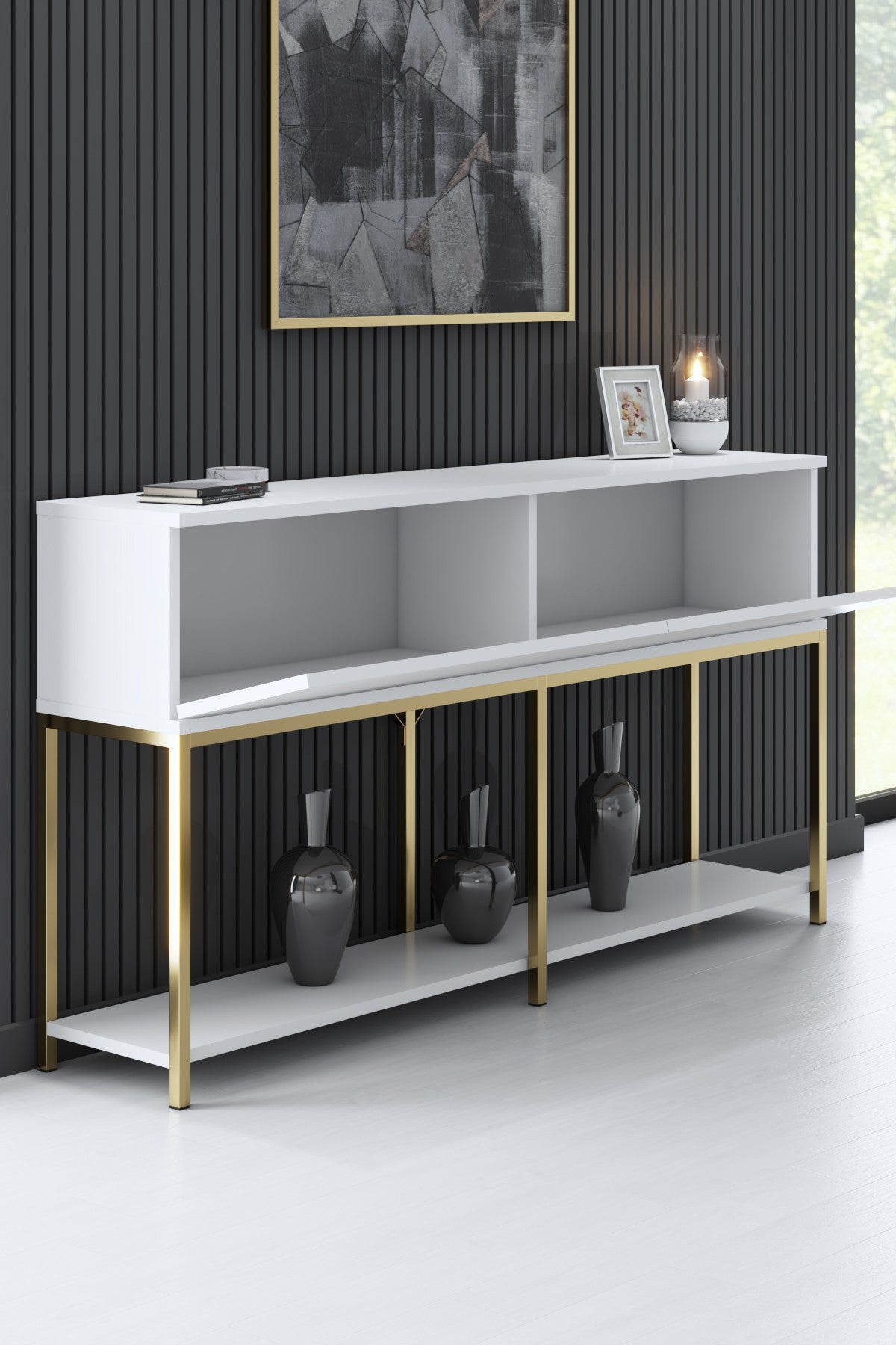Modern Dressoir Wit Lord 150x30x80 - Gouden Frame - Twee Vakken