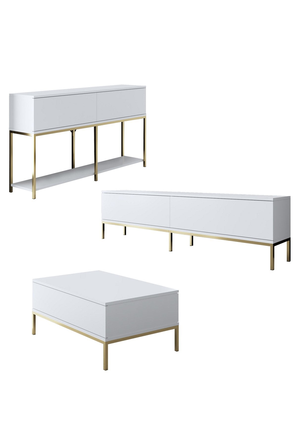 Meubelset Wit Lord - Salontafel + TV Meubel + Dressoir - Gouden Frame