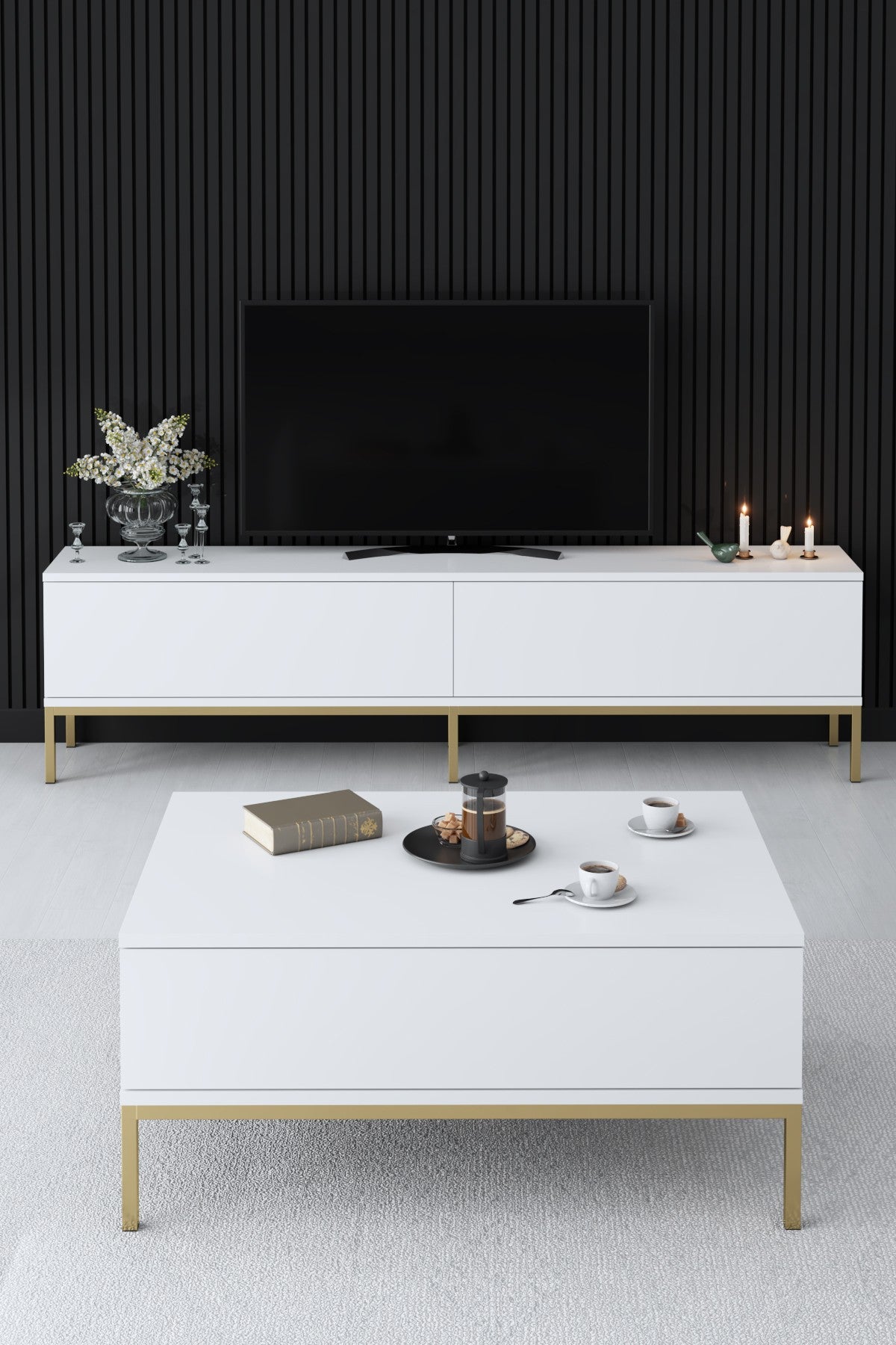 Meubelset Wit Lord - Salontafel + TV Meubel + Dressoir - Gouden Frame