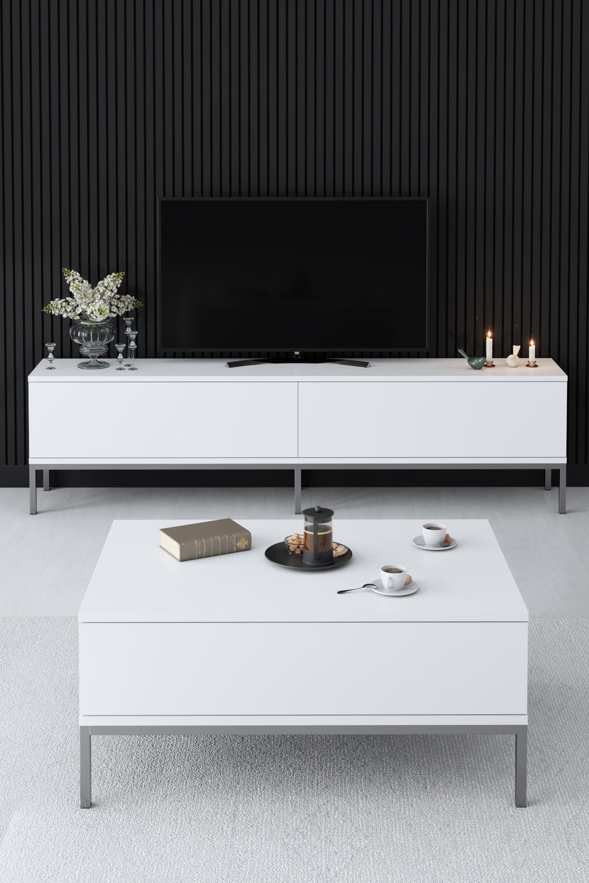 Meubelset Wit Lord - Salontafel + TV Meubel + Dressoir - Zilver Frame
