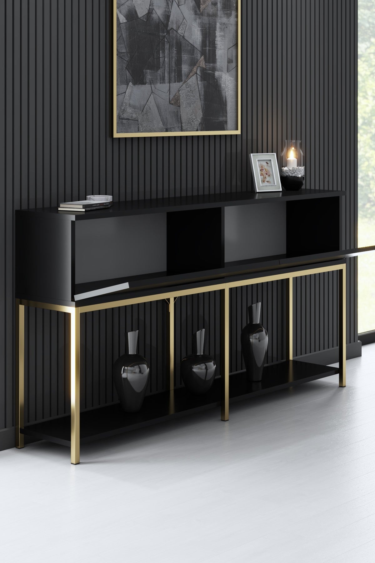 Modern Dressoir Zwart Lord 150x30x80 - Gouden Frame - Twee Vakken