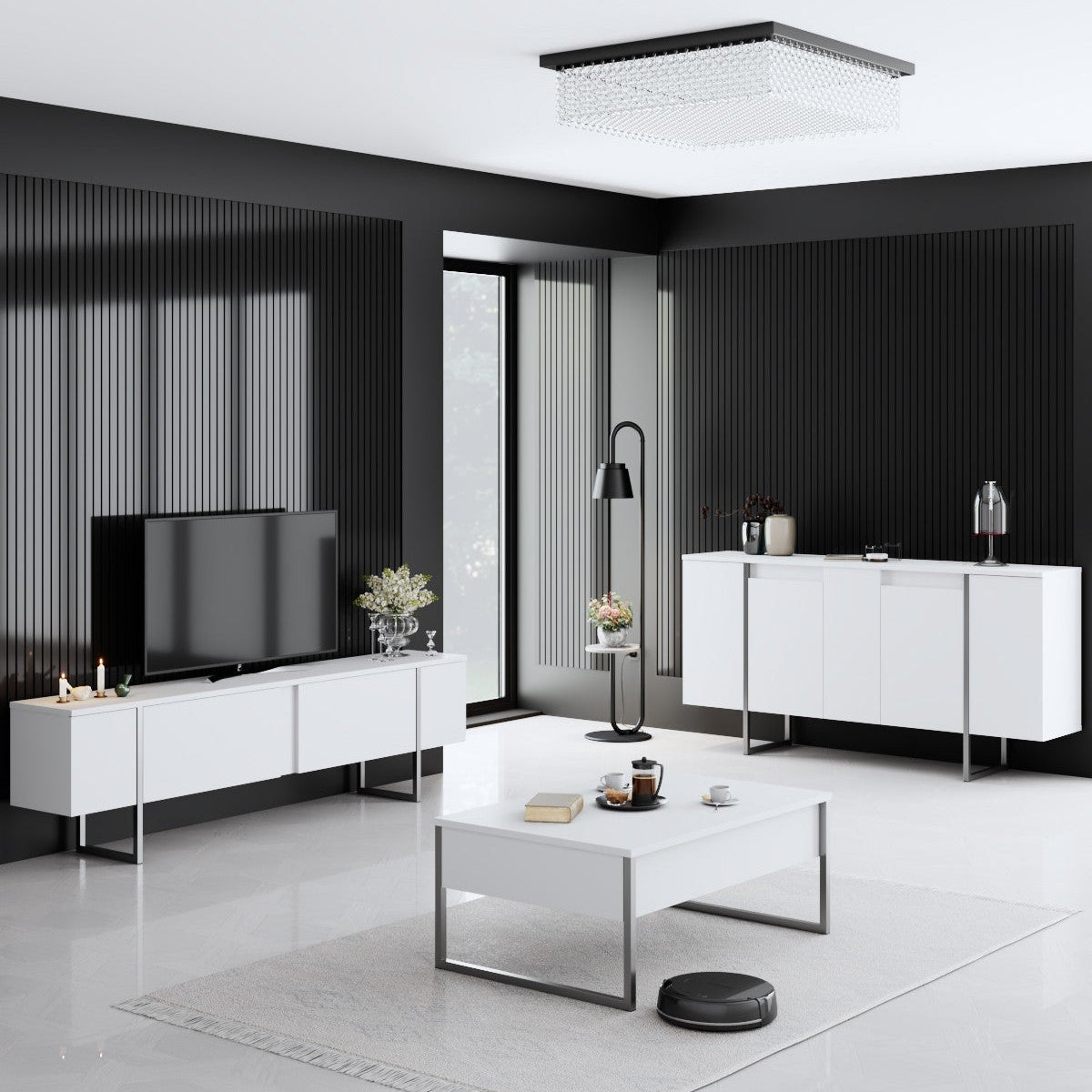 Meubelset Wit Luxe - Salontafel + TV Meubel + Dressoir Luxe - Zilver Frame