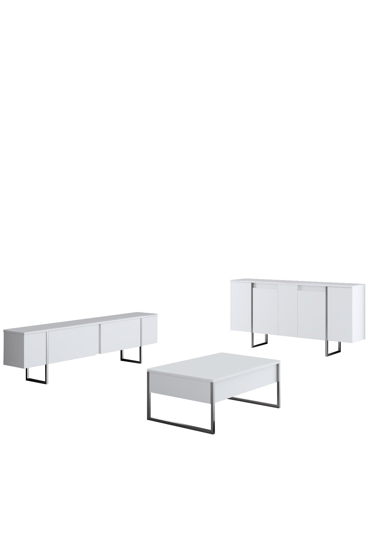 Meubelset Wit Luxe - Salontafel + TV Meubel + Dressoir Luxe - Zilver Frame