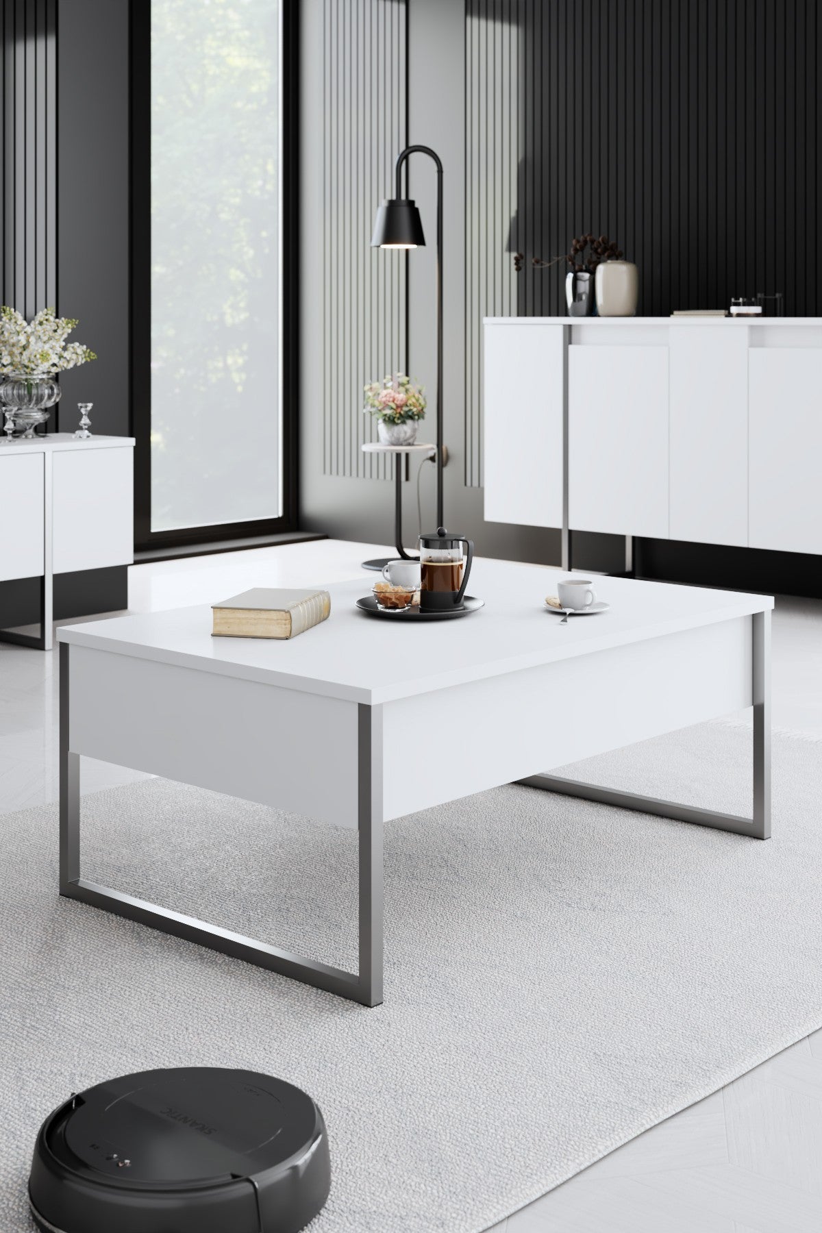 Meubelset Wit Luxe - Salontafel + TV Meubel + Dressoir Luxe - Zilver Frame