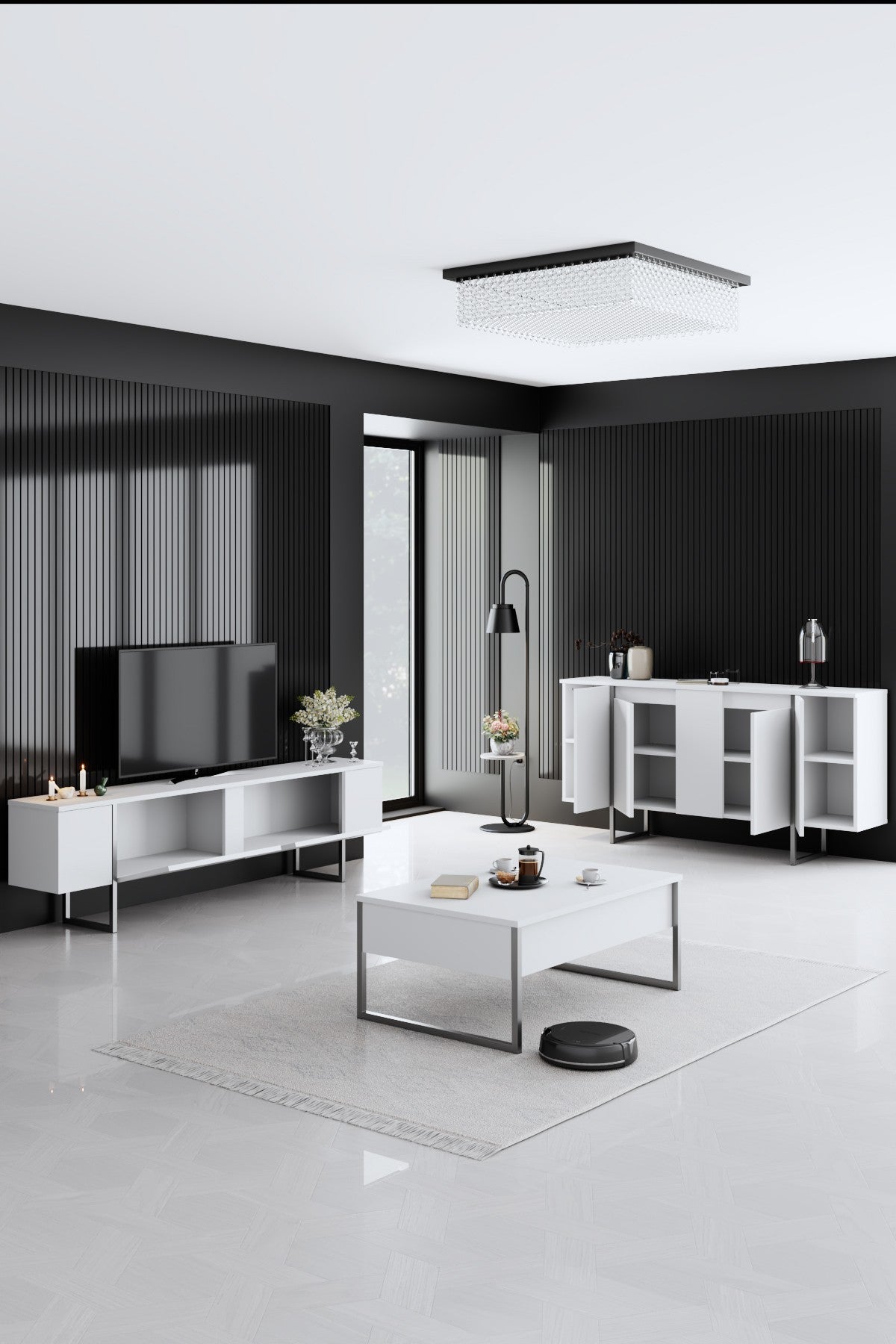 Meubelset Wit Luxe - Salontafel + TV Meubel + Dressoir Luxe - Zilver Frame