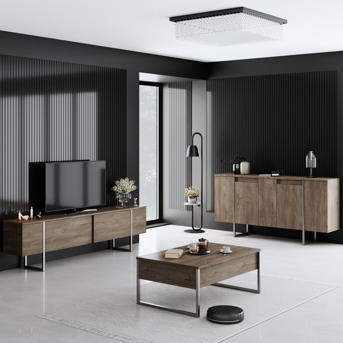 Meubelset Walnoot Luxe - Salontafel + TV Meubel + Dressoir - Zilver Frame