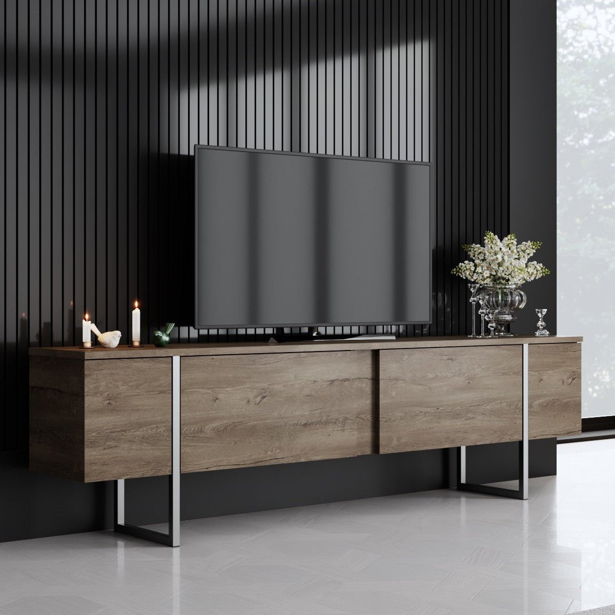 TV Meubel Walnoot Luxe 180x50x30 - Zilver Frame