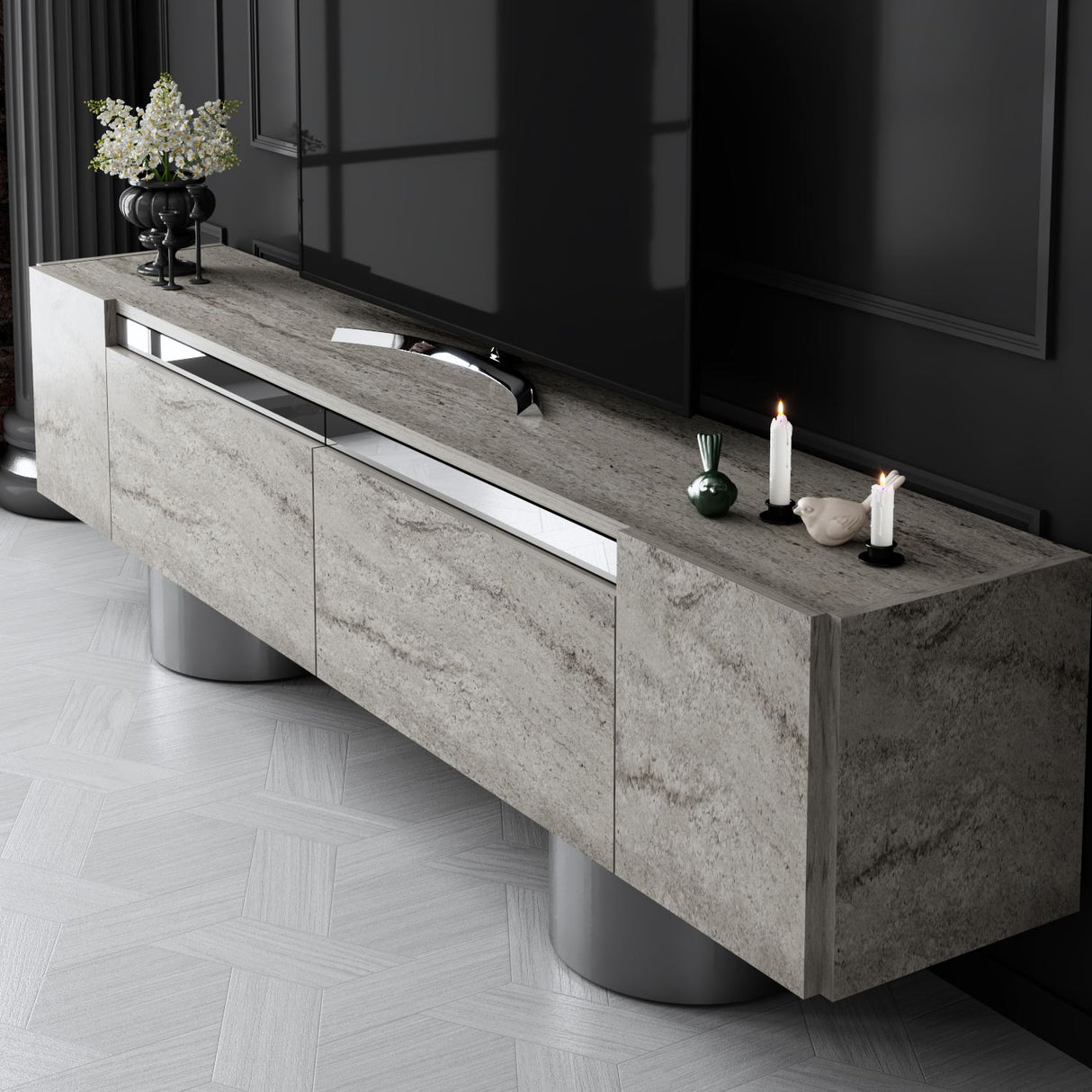 TV Meubel Travertijn Bohem 180x50x30 - Zilver Frame