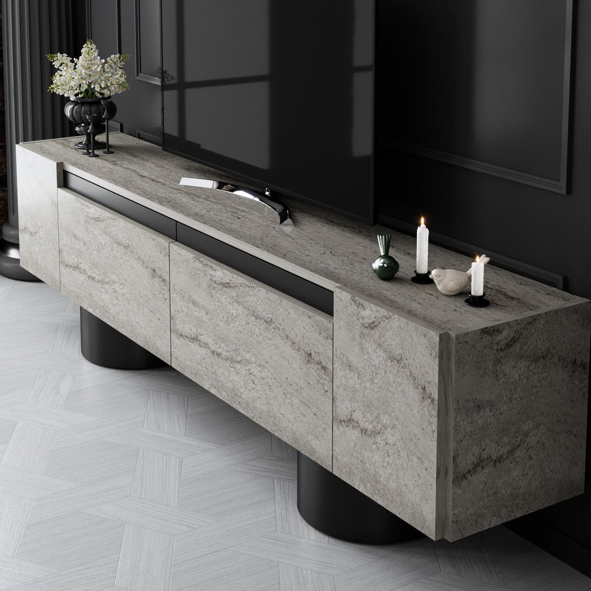 TV Meubel Travertijn Bohem 180x50x30 - Zwart Frame