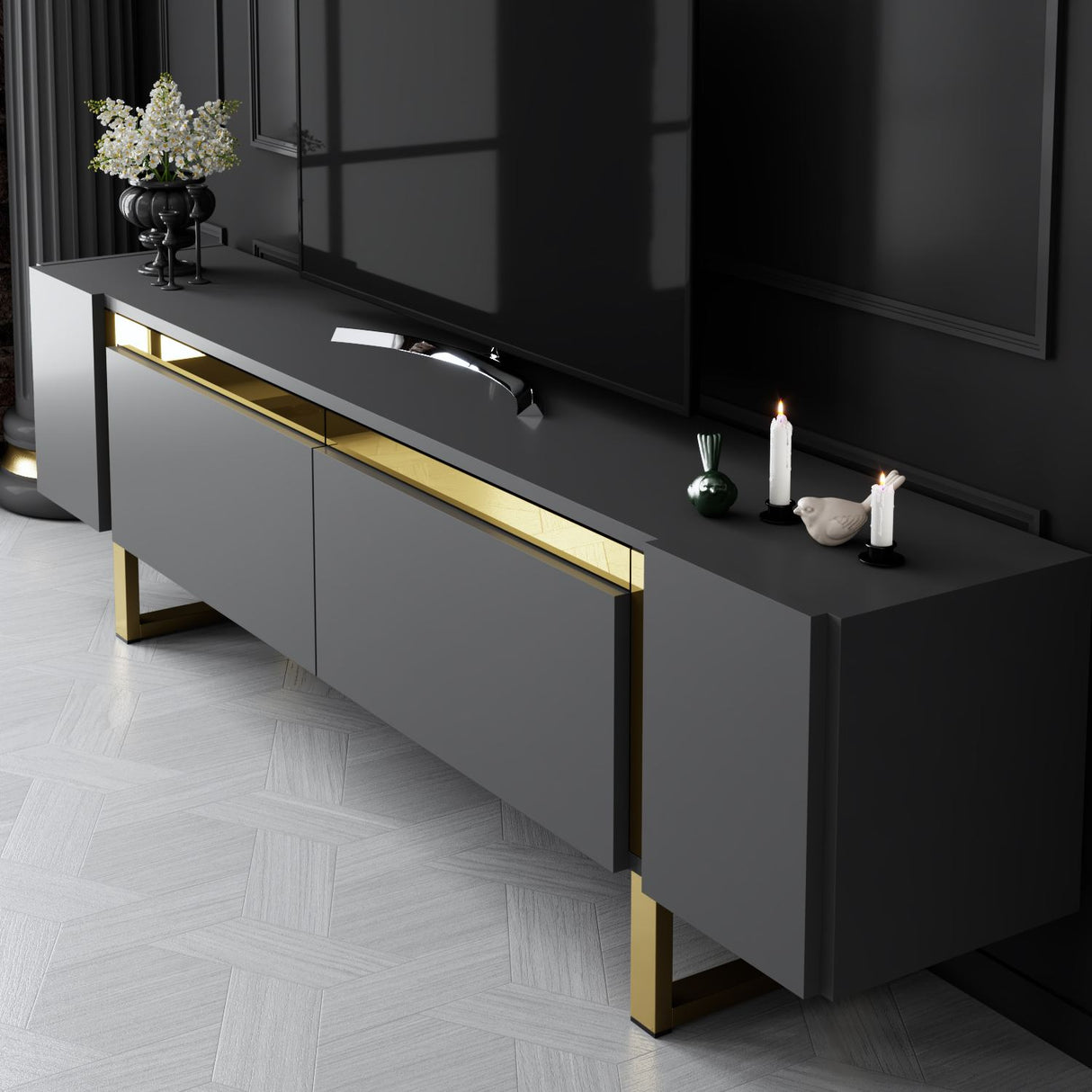 TV Meubel Antraciet Yildiz 180x50x30 - Gouden Frame