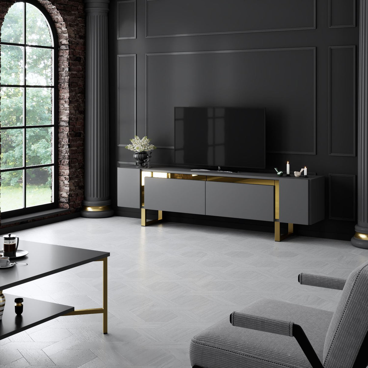 TV Meubel Antraciet Yildiz 180x50x30 - Gouden Frame