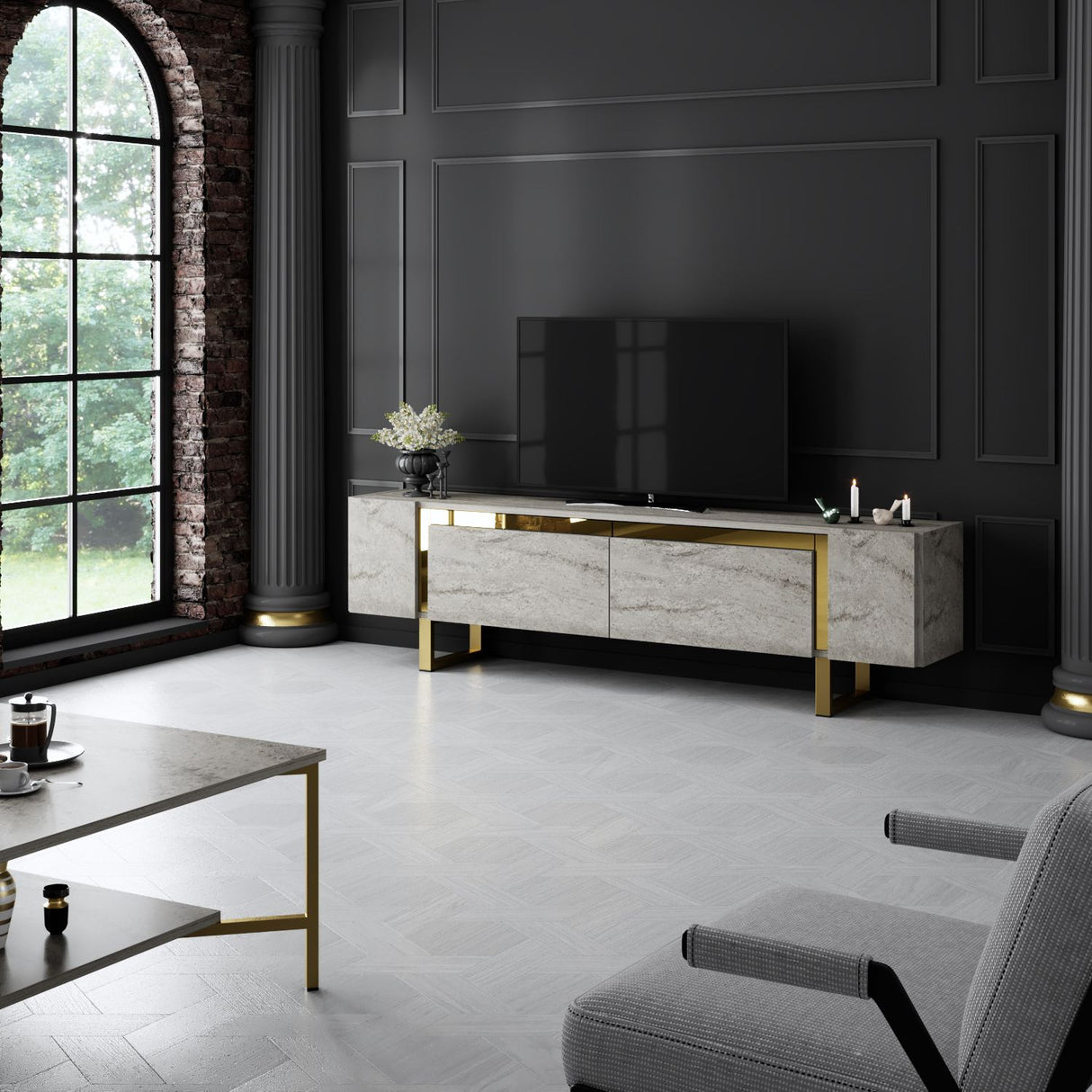 TV Meubel Travertijn Yildiz 180x50x30 - Gouden Frame