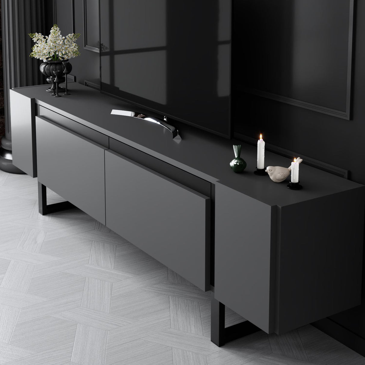 TV Meubel Antraciet Yildiz 180x50x30 - Zwart Frame