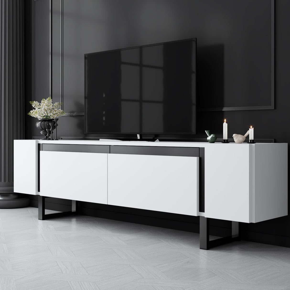 TV Meubel Wit Yildiz 180x50x30 - Zwart Frame