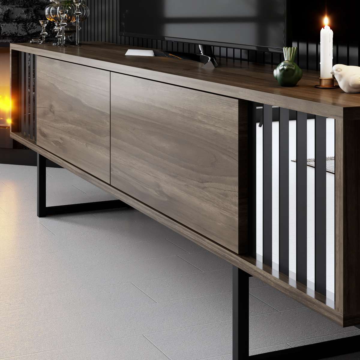 TV Meubel Walnoot Chrome Line 180x48x30 - Zwart Frame