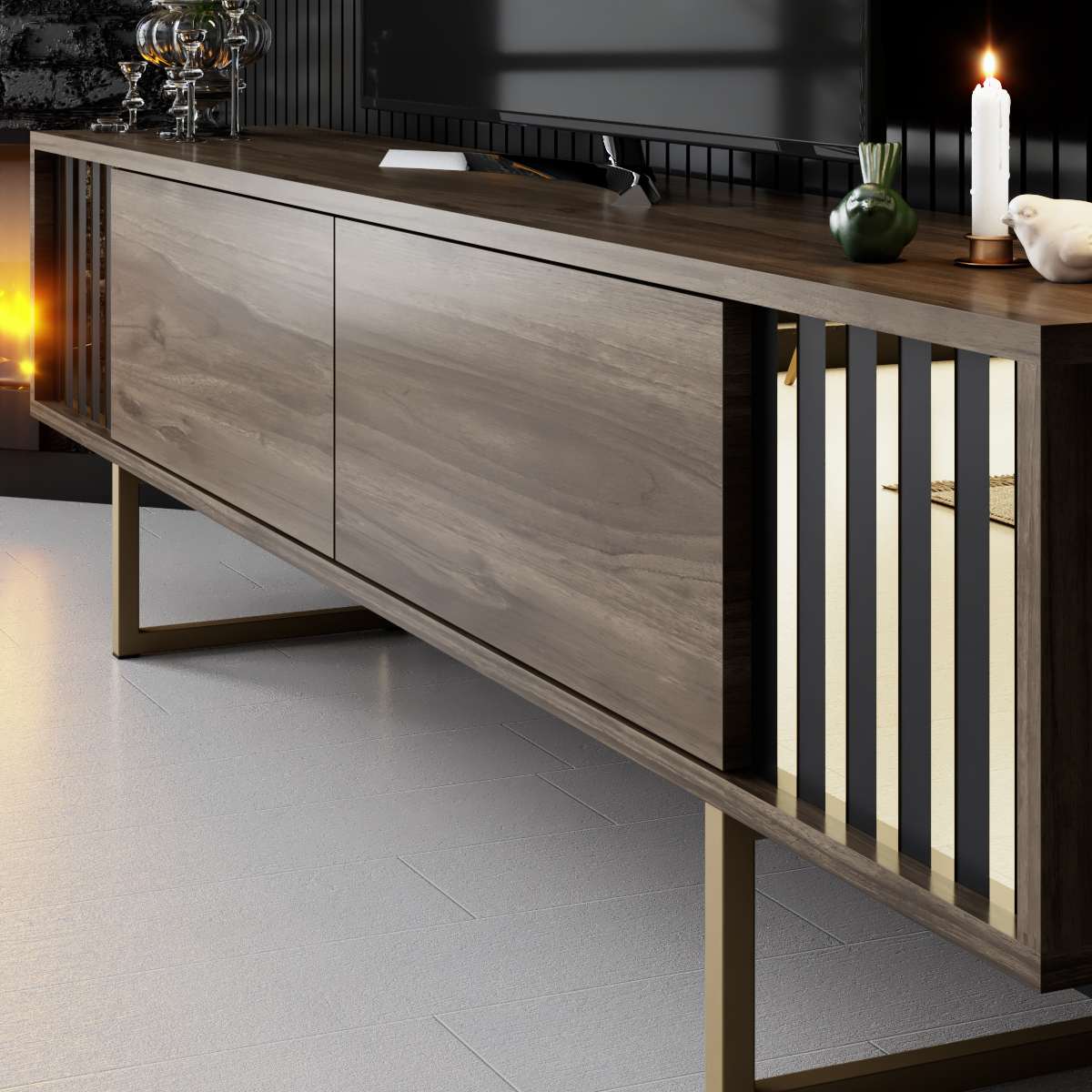 TV Meubel Walnoot Gold Line 180x48x30 - Gouden Frame