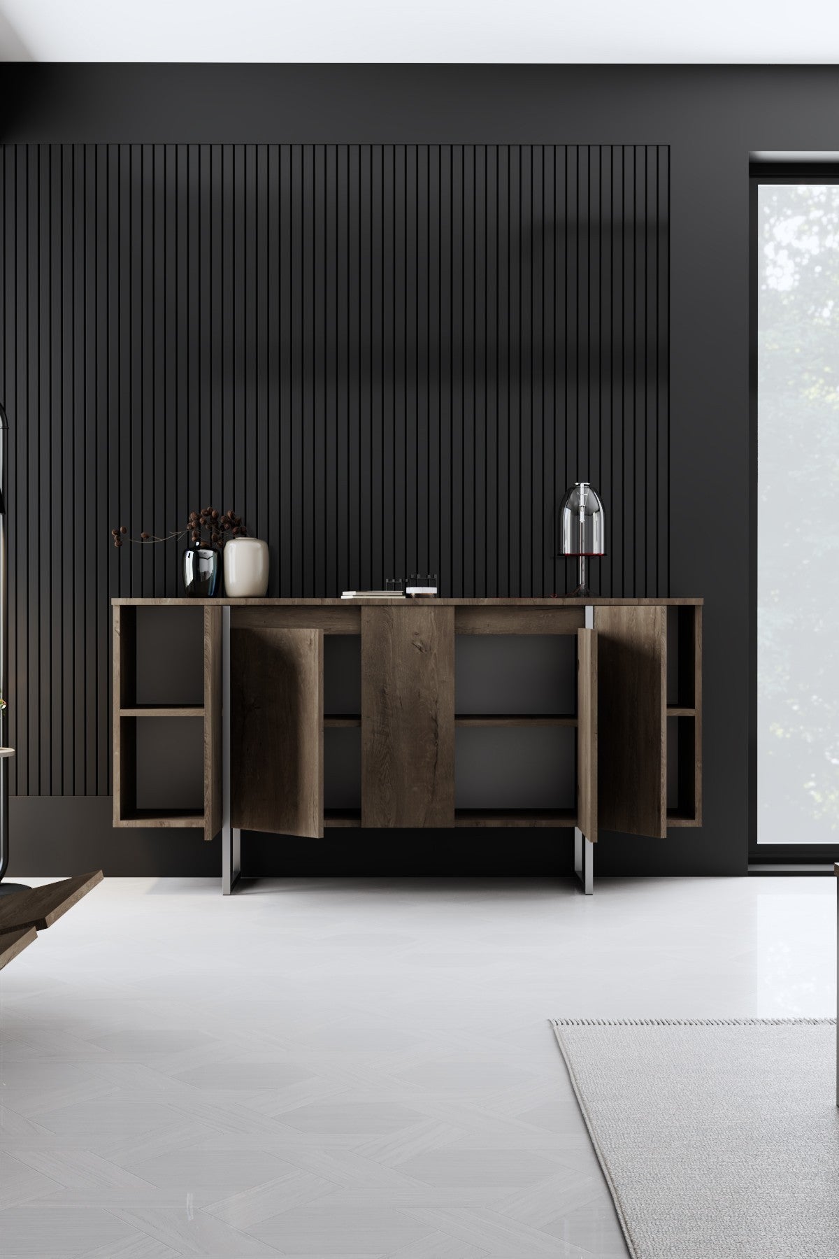 Modern Dressoir Walnoot Luxe 160x80x35 - Zilver Frame