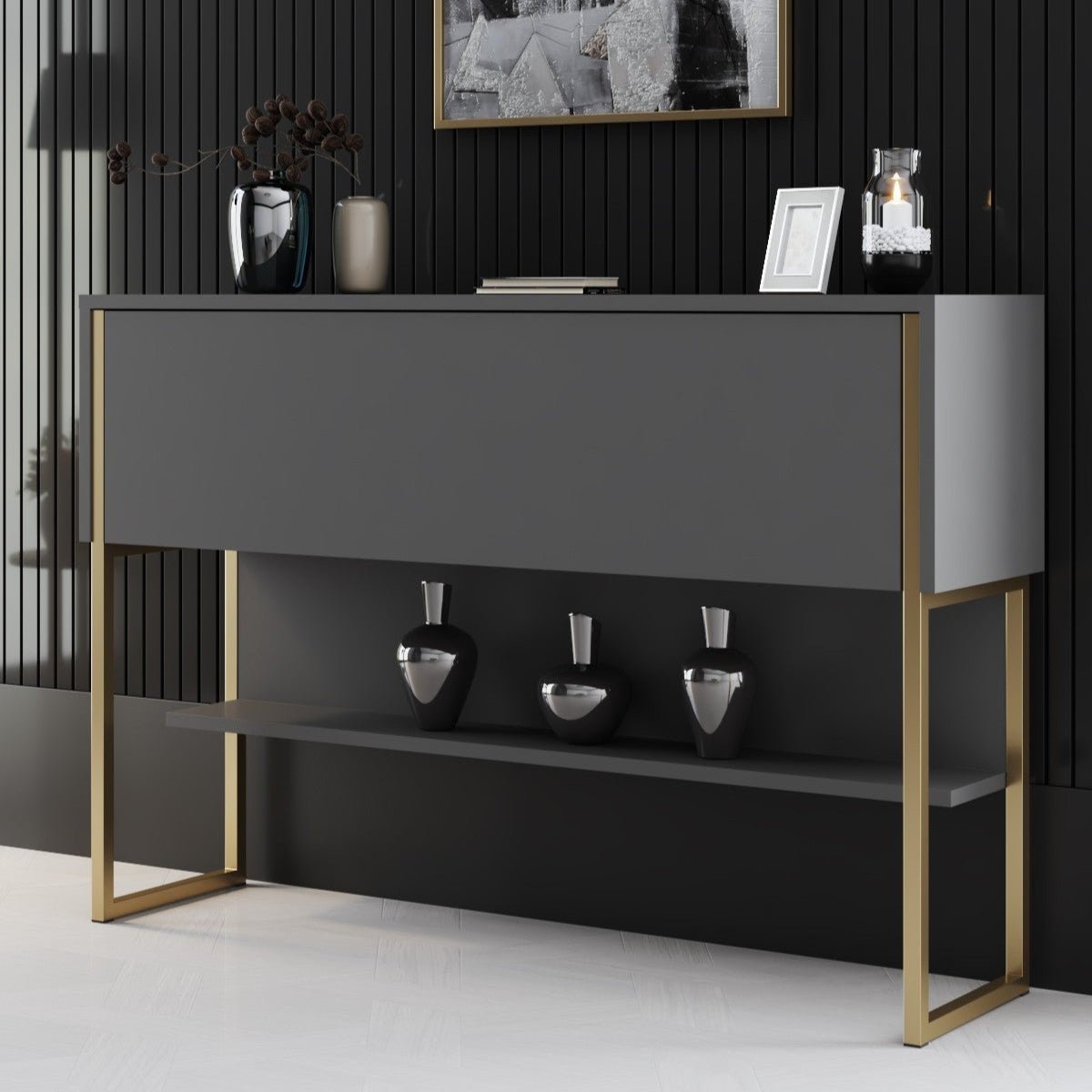 Modern Dressoir Antraciet Luxe 120x80x30 - Gouden Frame - Eén Vak