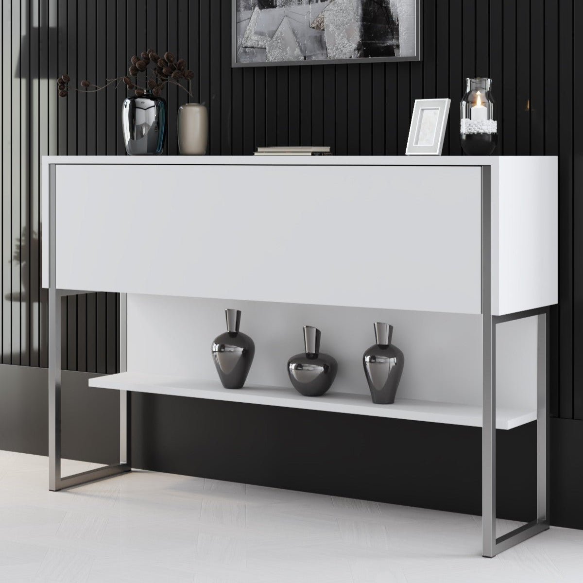Modern Dressoir Wit Luxe 120x80x30 - Zilver Frame - Eén Vak