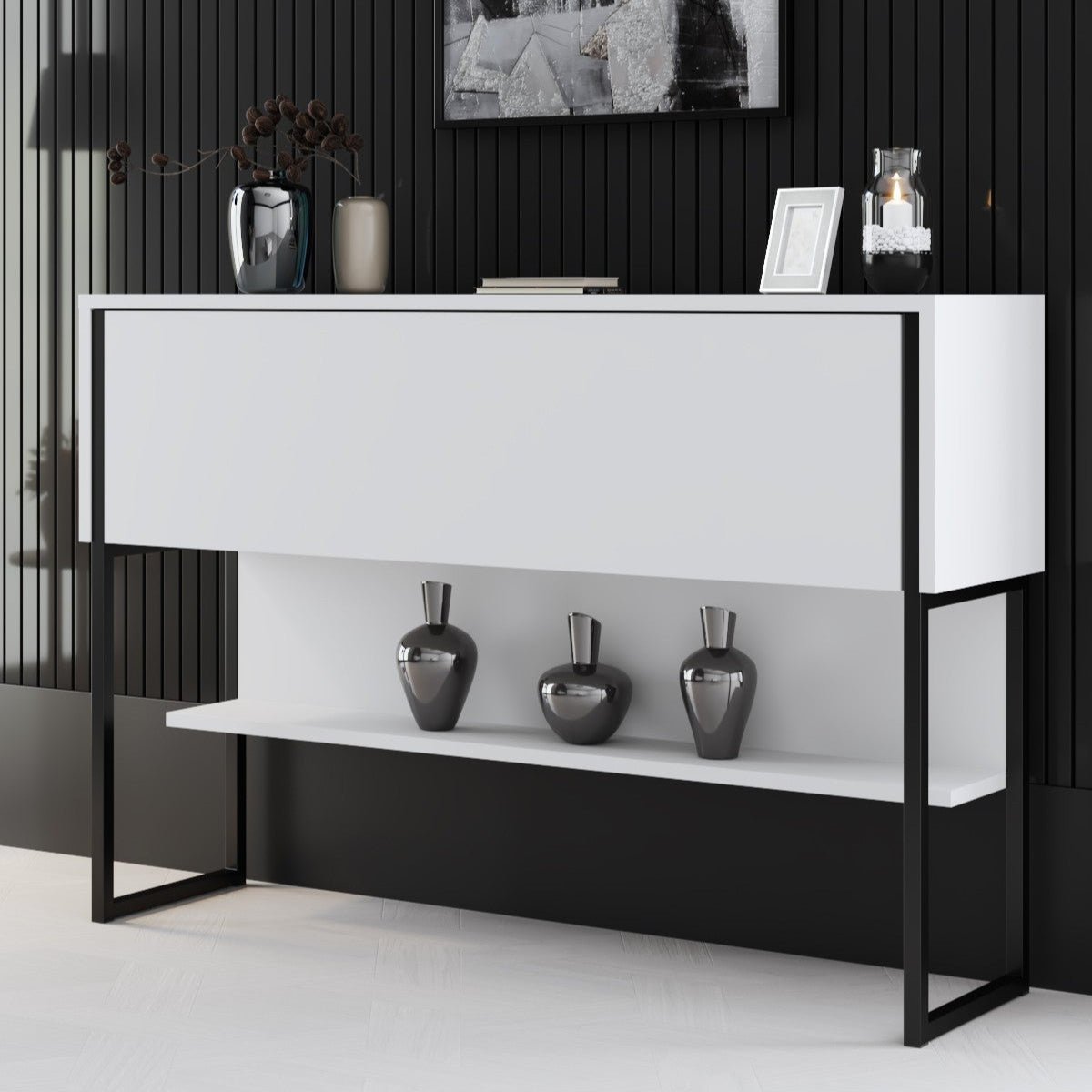 Modern Dressoir Wit Luxe 120x80x30 - Zwart Frame - Eén Vak