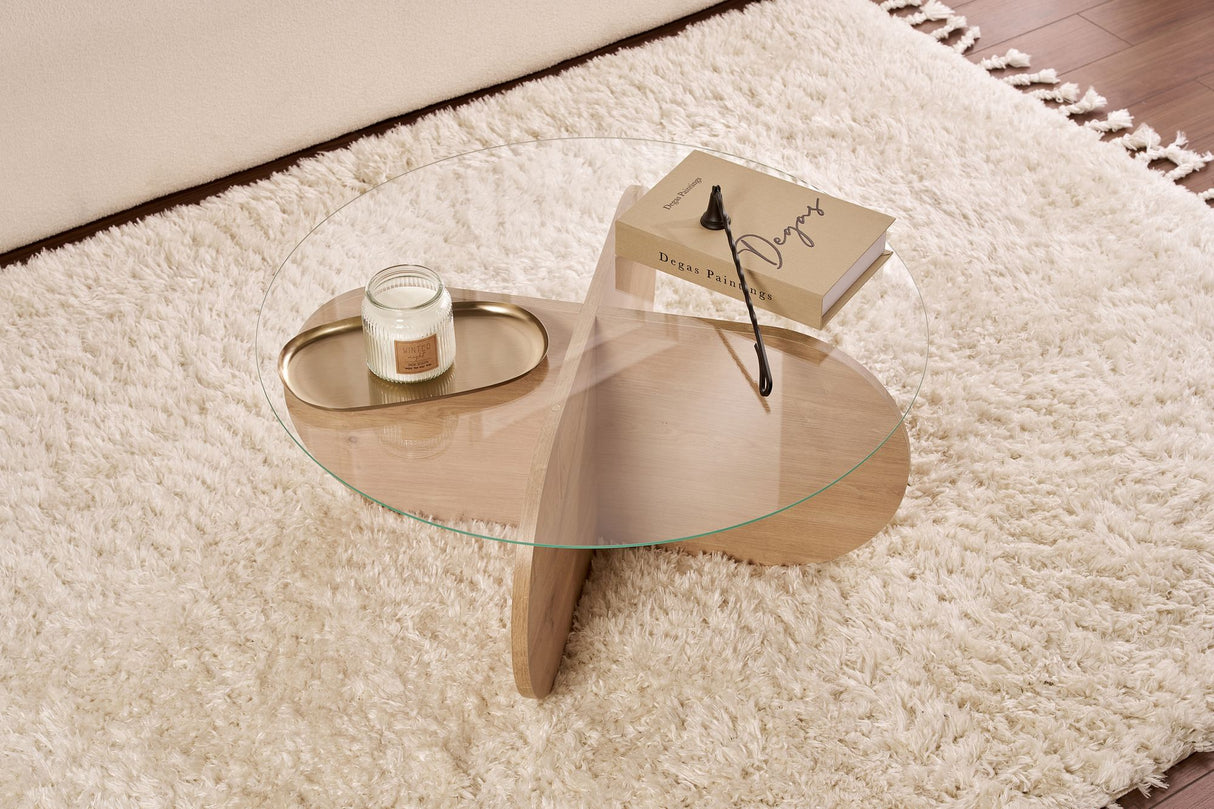 Salontafel Aris Rond 75 cm Glas - Melamine Eikenhout
