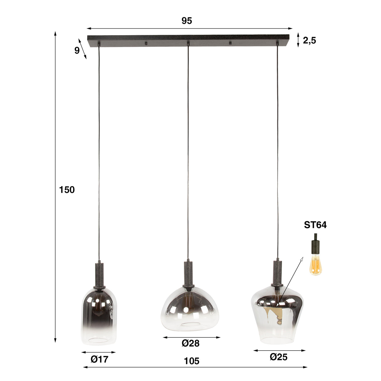 Hanglamp Nexus 3-lichts Zwart Metaal 105 cm