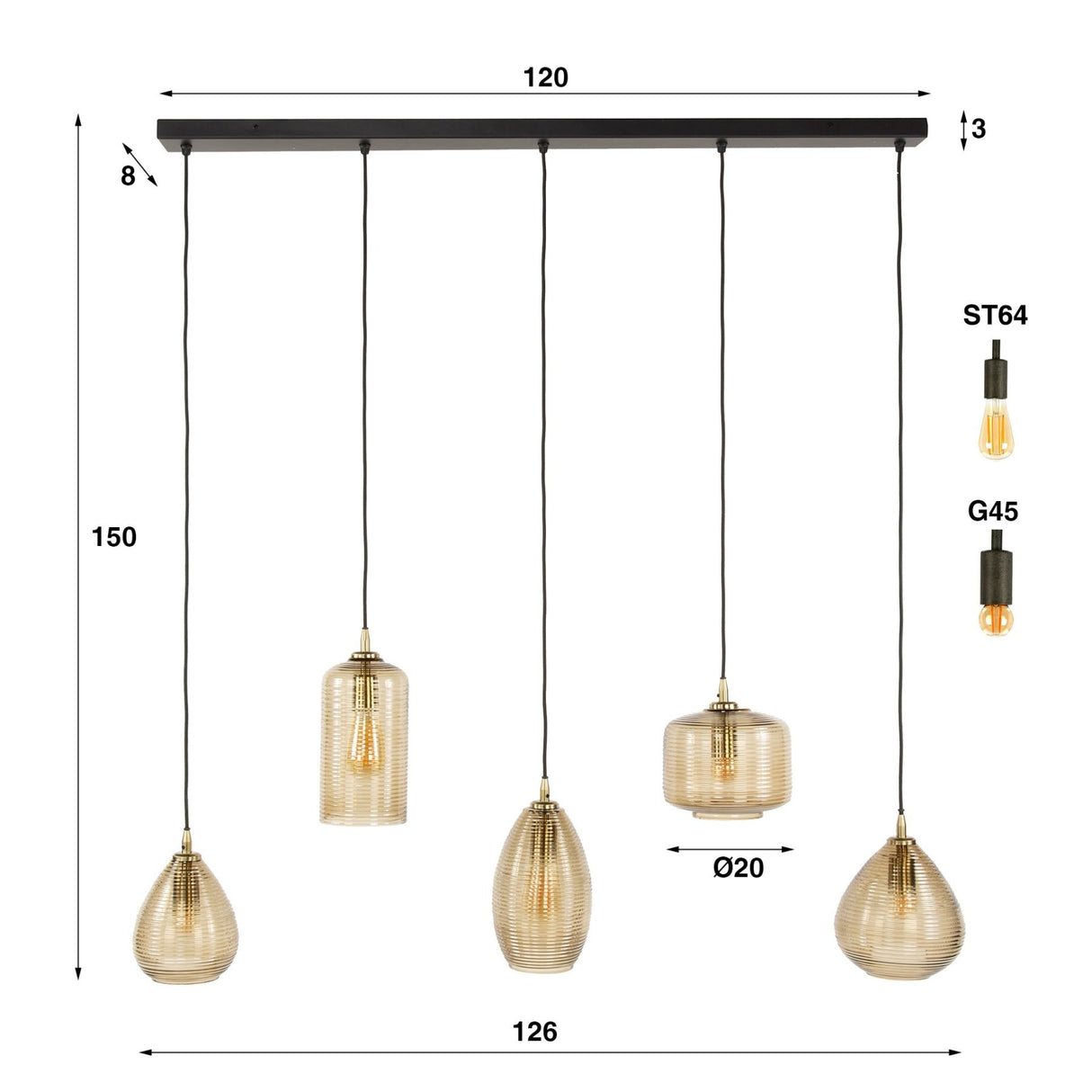 Hanglamp Axis 5-lichts rookglas bruin horizontaal