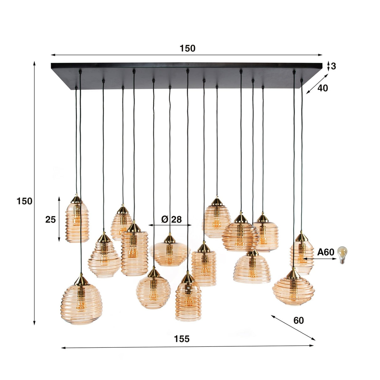 Hanglamp Mali 15-lichts geribbeld glas amberkleurig