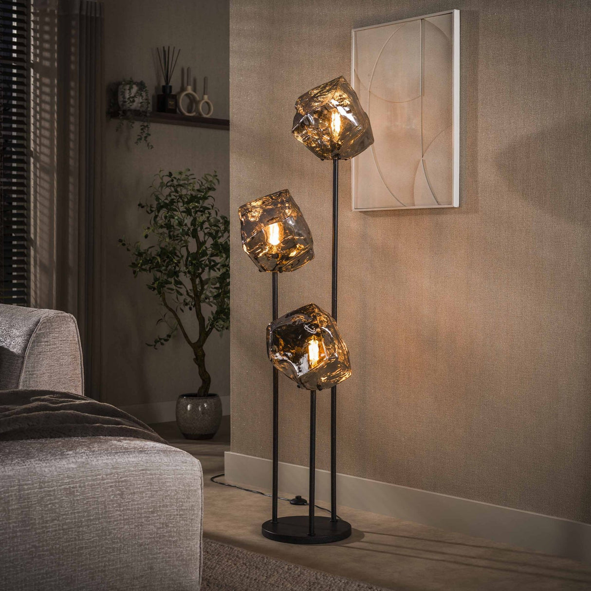 Vloerlamp 3-lichts getrapt chroom glas Rocks