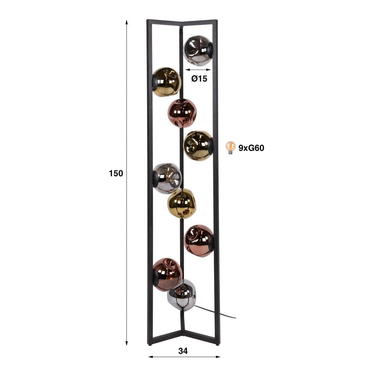 Industriële Vloerlamp Ada 9-lichts Gekleurd Glas Hoek