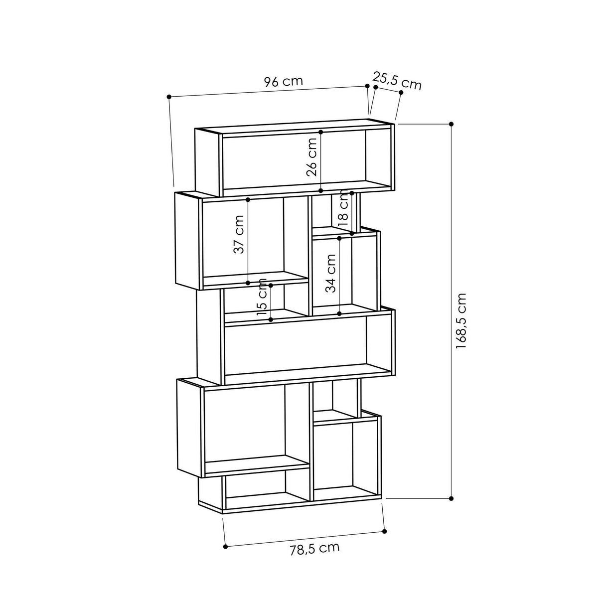 Boekenkasten - Asymmetrische boekenkast antraciet melamine Karmato 96x168,5x25,5 cm - Dimehouse
