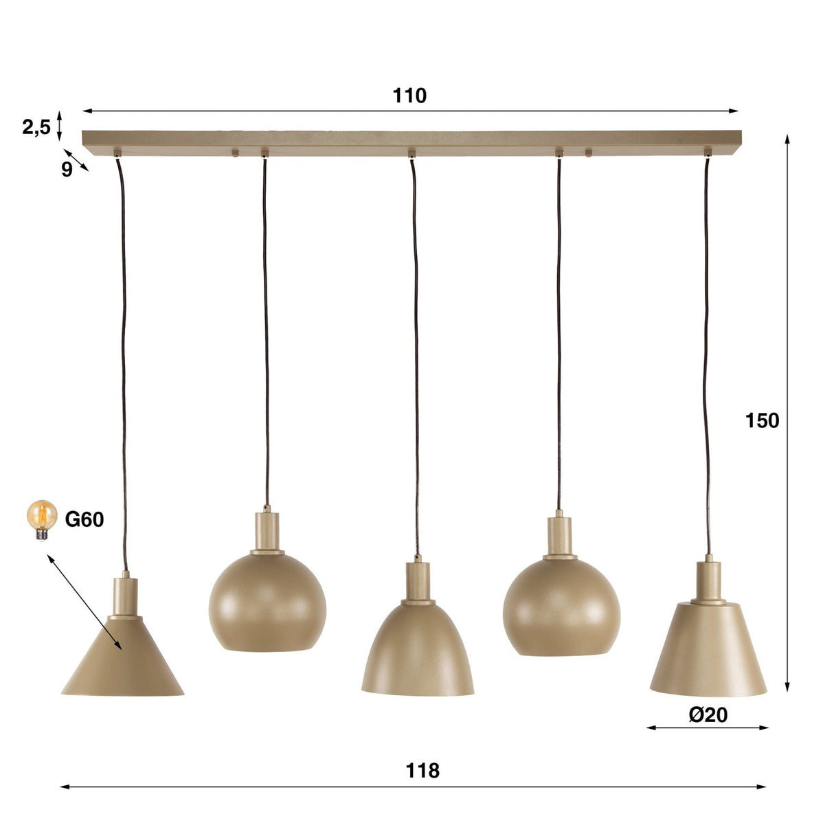 Hanglamp Sienna 5-lichts Beige 120 cm