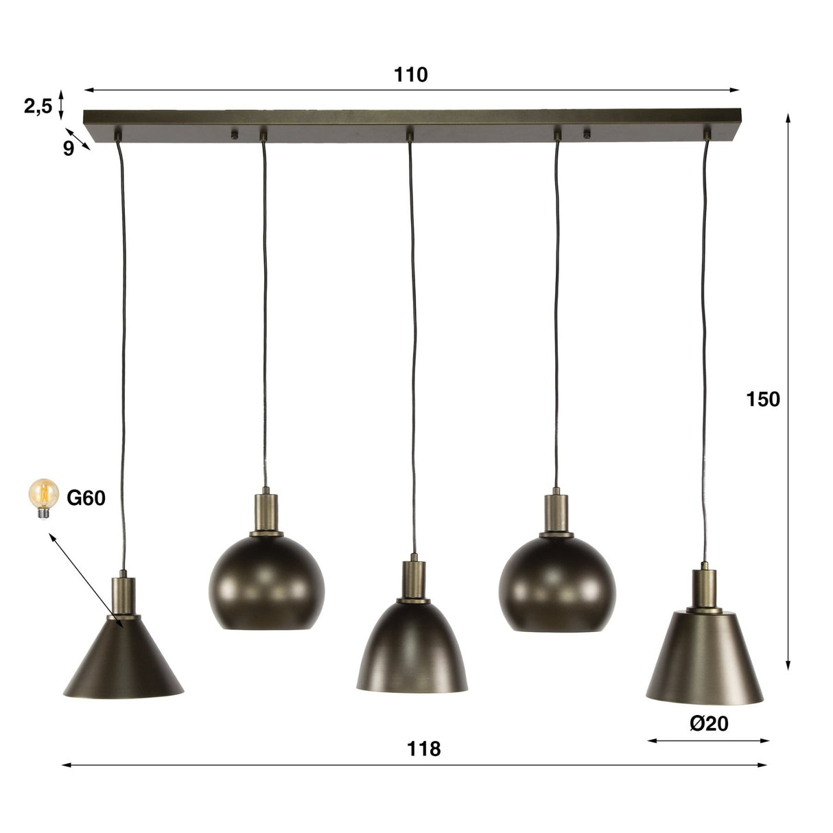 Hanglamp Sienna 5-lichts Bruin 120 cm