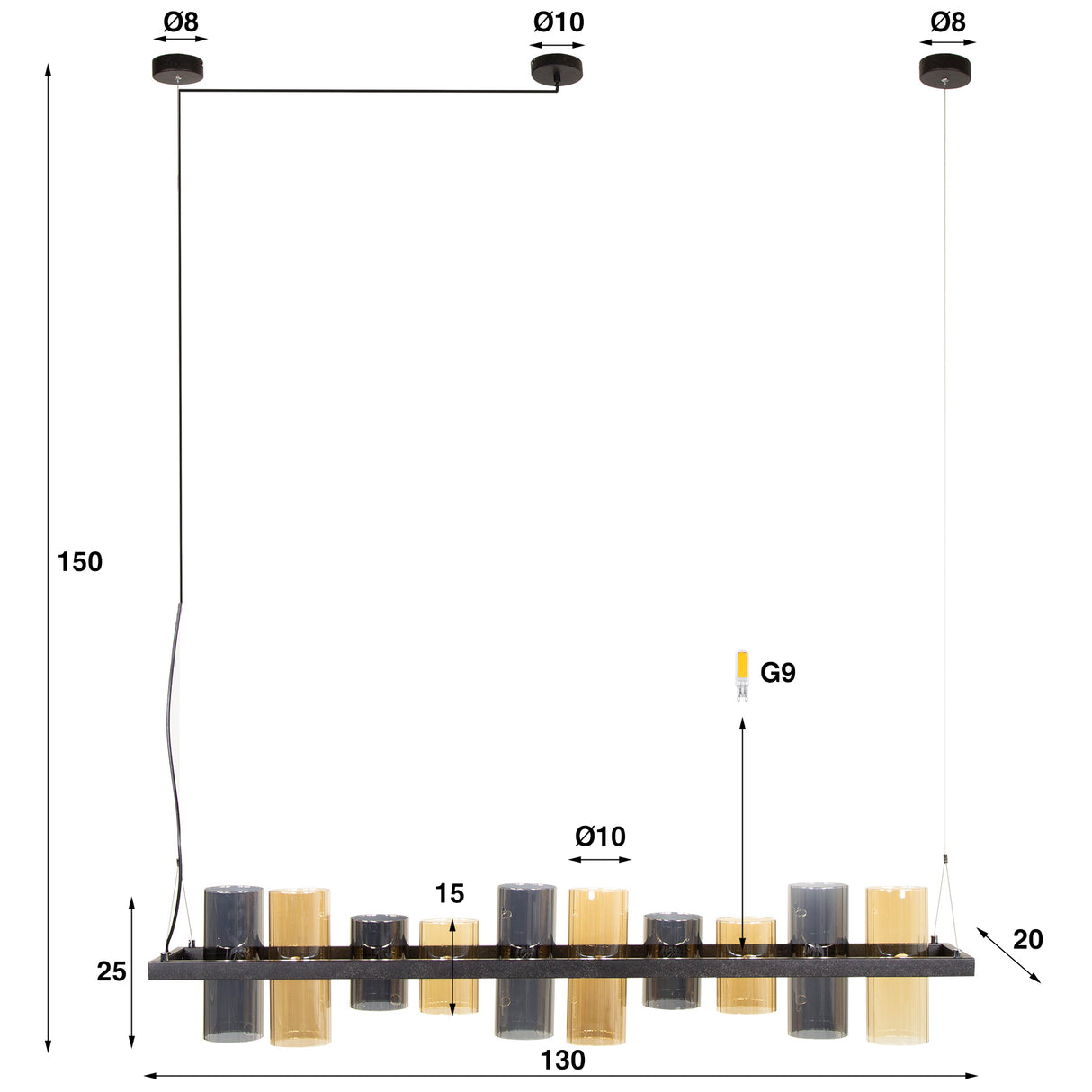 Hanglamp Khai 10-lichts cilinder gemixt glas