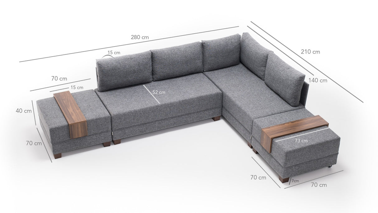 Slaapbank grijs stof - XXL 280 x 210 - Rechts - Fly