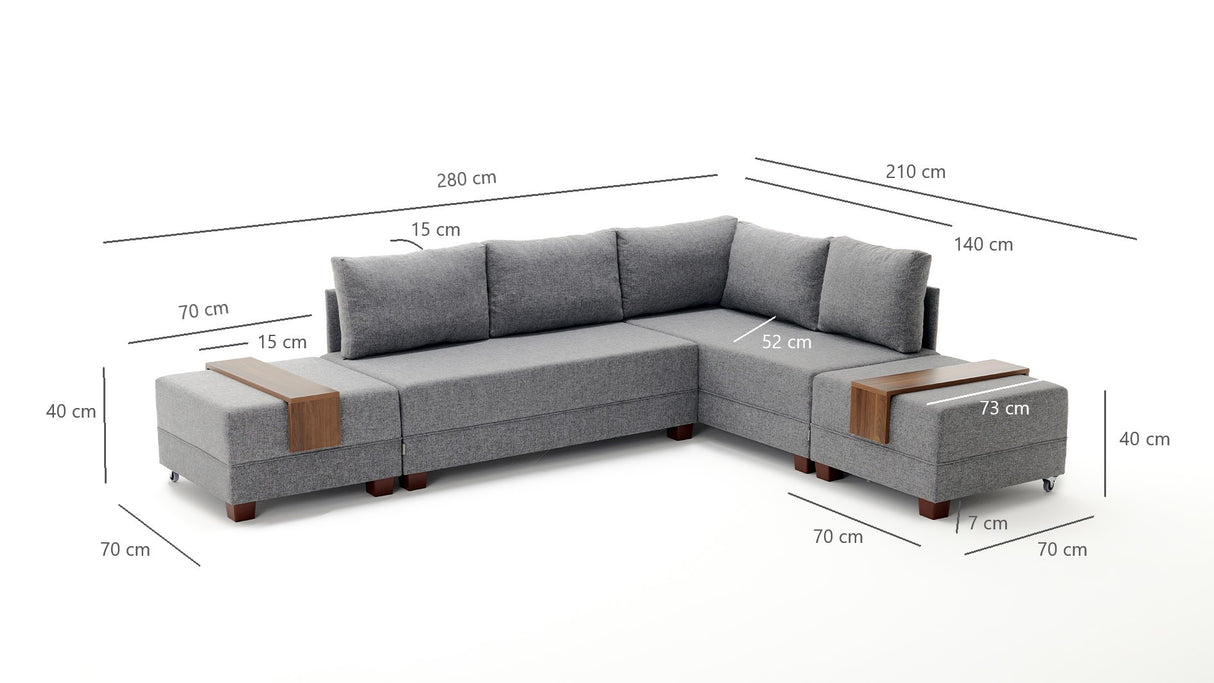 Slaapbank grijs stof - XXL 280 x 210 - Rechts - Fly