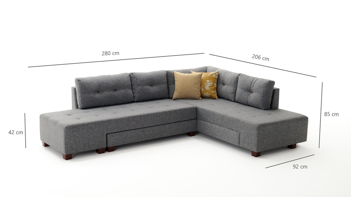 Slaapbank grijs stof - tweepersoons - XL 280x206 cm - met wielen - Rechts - Manama