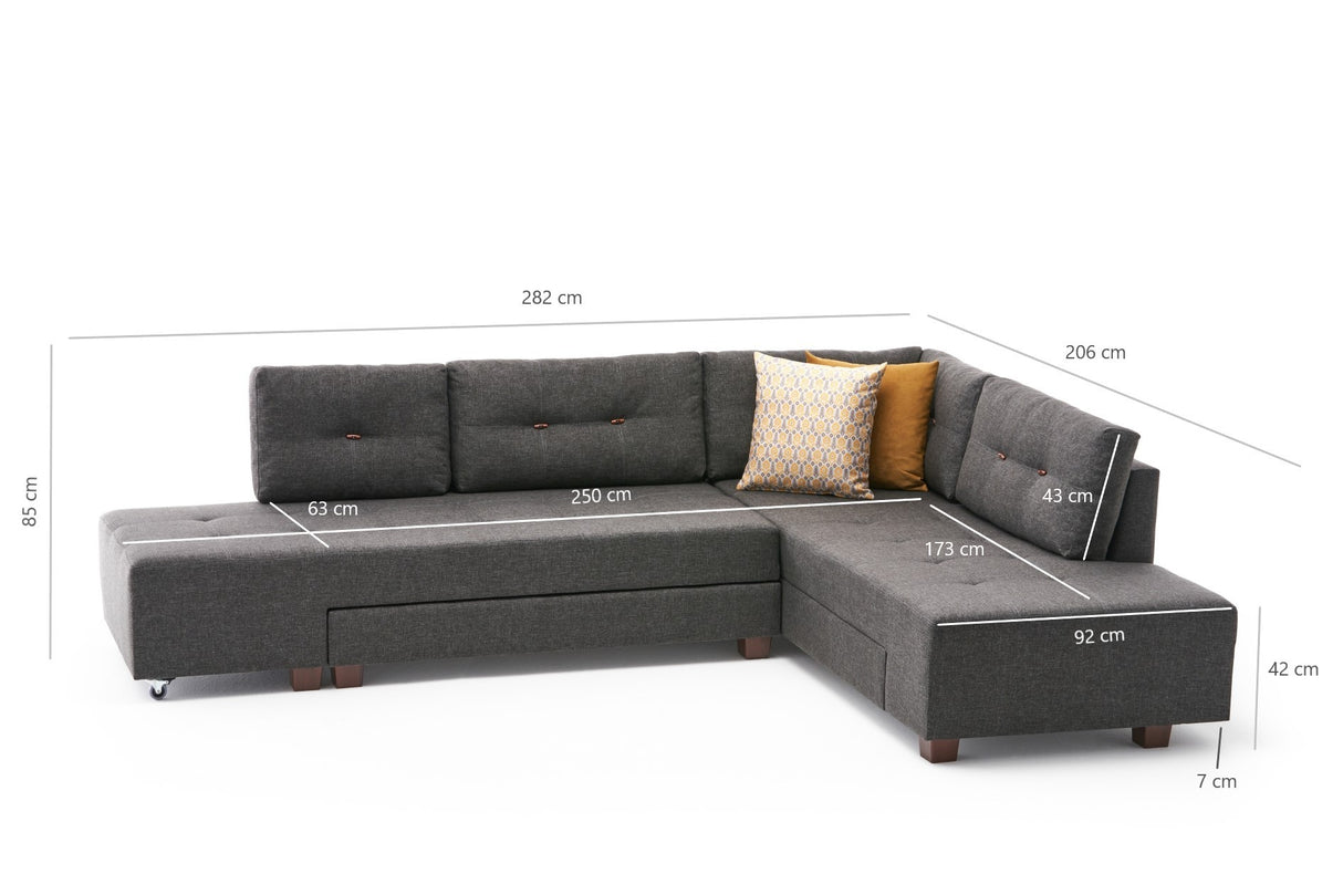 Slaapbank antraciet stof - XL 280x206 cm - met wielen - Rechts - Manama