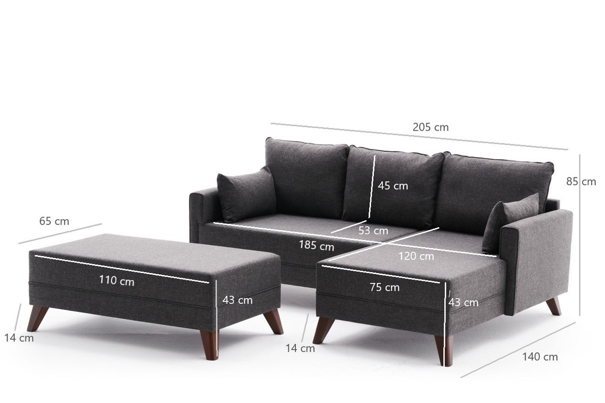 Banken - Slaapbank antraciet stof - hoekbank inclusief hocker - Rechts - Bella - Dimehouse