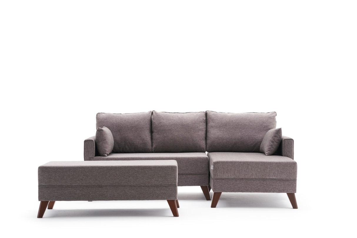 Slaapbank taupe stof - hoekbank inclusief hocker - Rechts - Bella