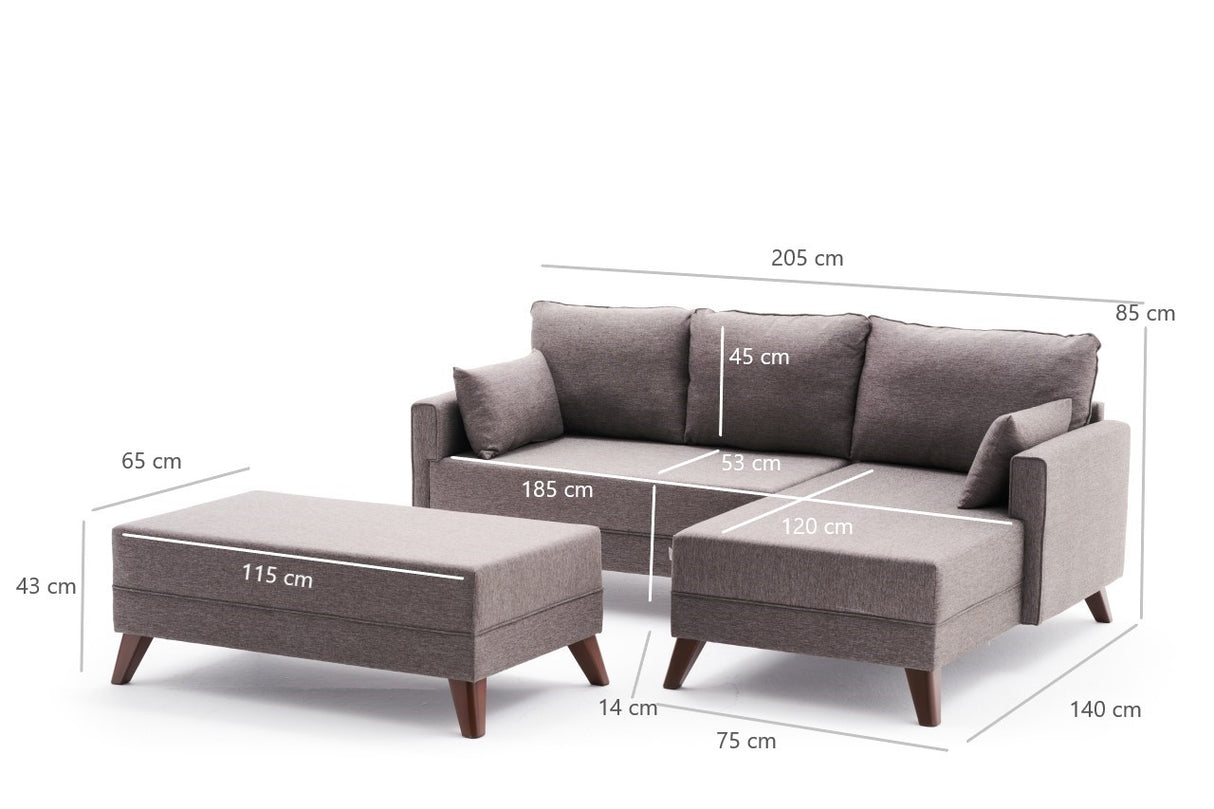 Slaapbank taupe stof - hoekbank inclusief hocker - Rechts - Bella