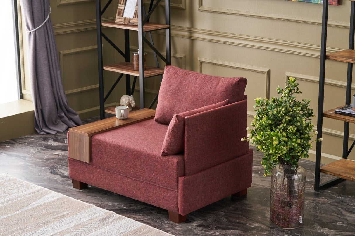 Moderne Fauteuil Bordeaux Rood Stof Fly - Rechts - Met Houten Tafeltje