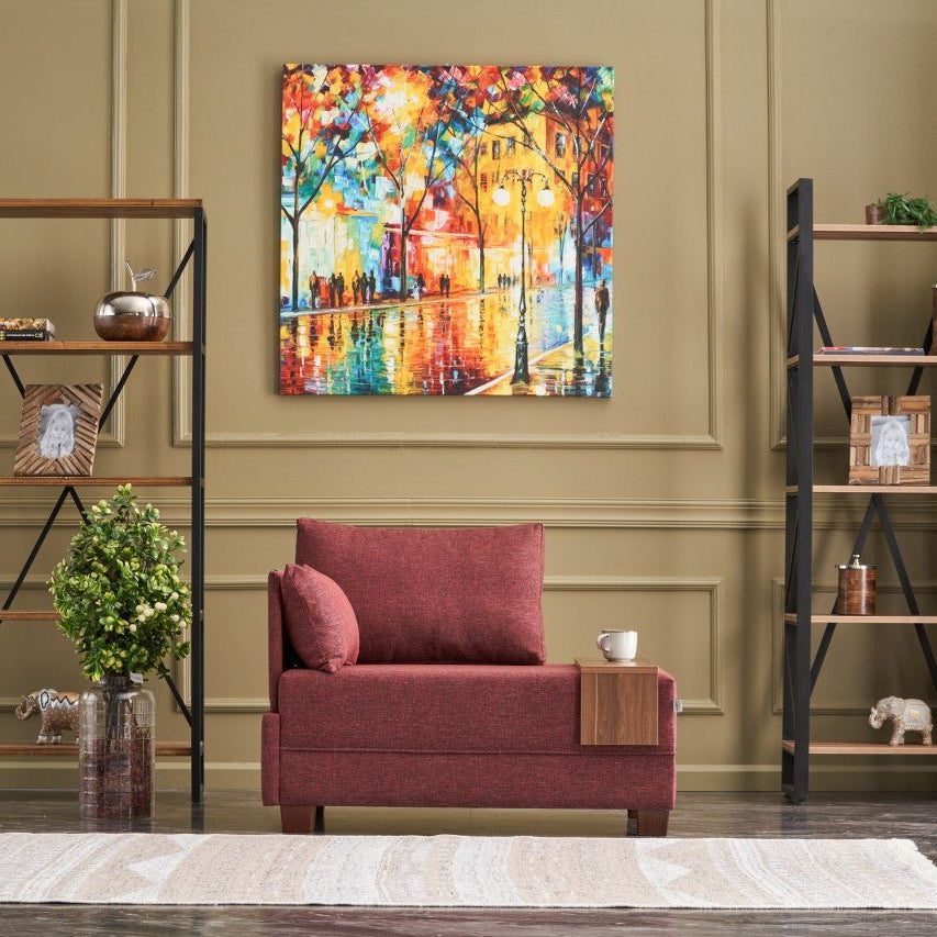 Moderne Fauteuil Bordeaux Rood Stof Fly - Links - Met Houten Tafeltje