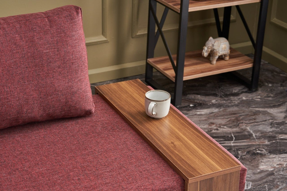 Moderne Fauteuil Bordeaux Rood Stof Fly - Links - Met Houten Tafeltje